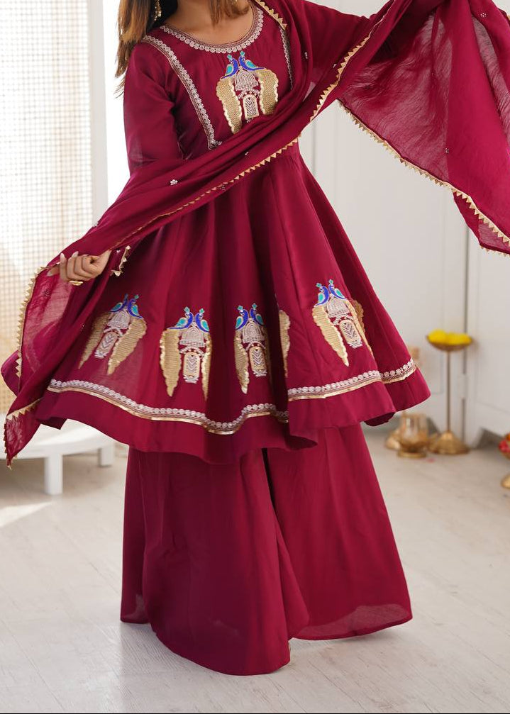 Designer Roman Silk Embroidered Kurti with Sharara & Dupatta For Diwali Wear