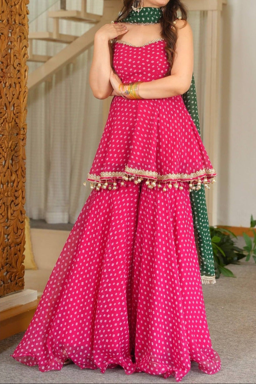 Heavy Faux Georgette Bandhej Print and Fancy Lace Work Sharara Set
