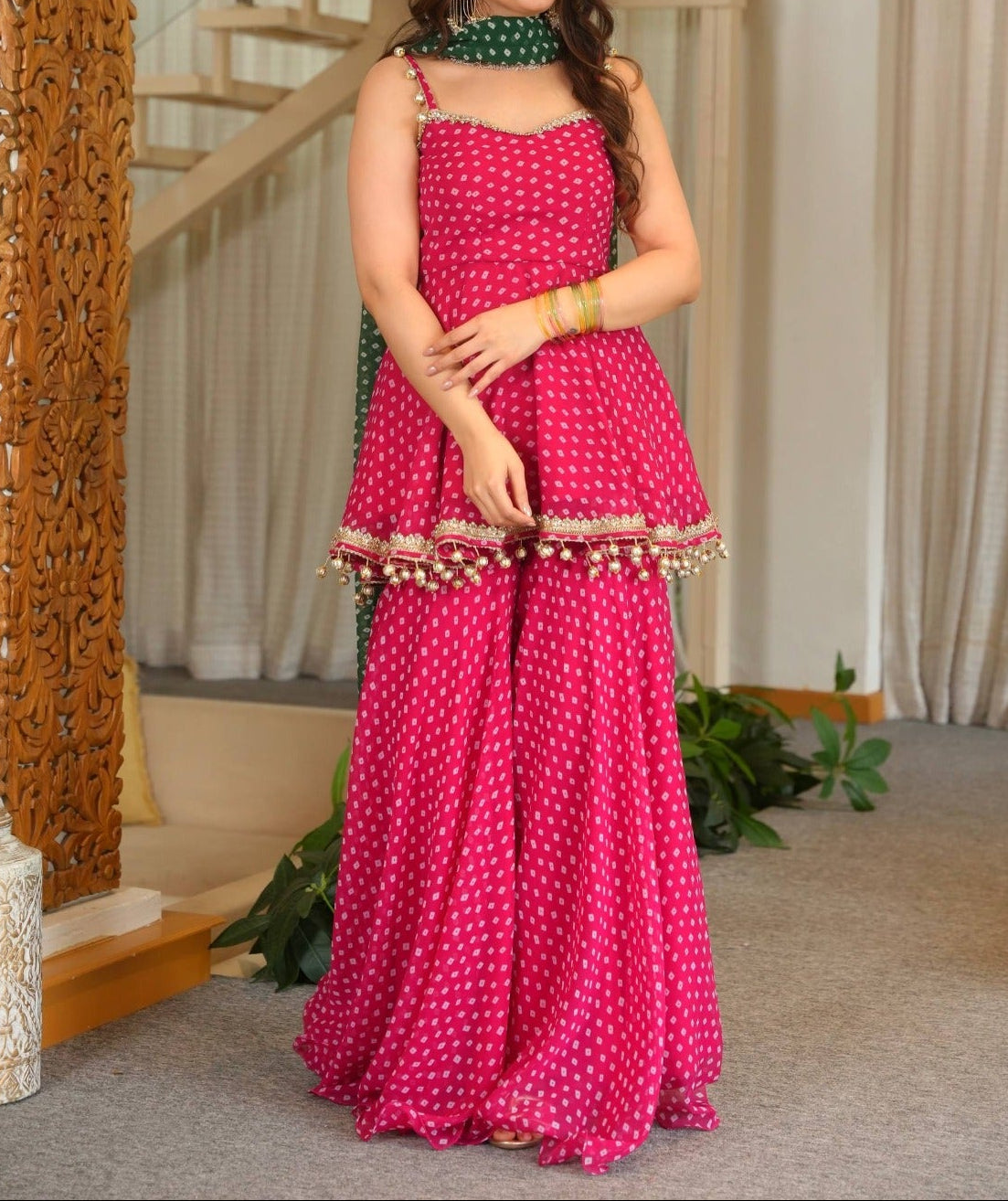 Heavy Faux Georgette Bandhej Print and Fancy Lace Work Sharara Set