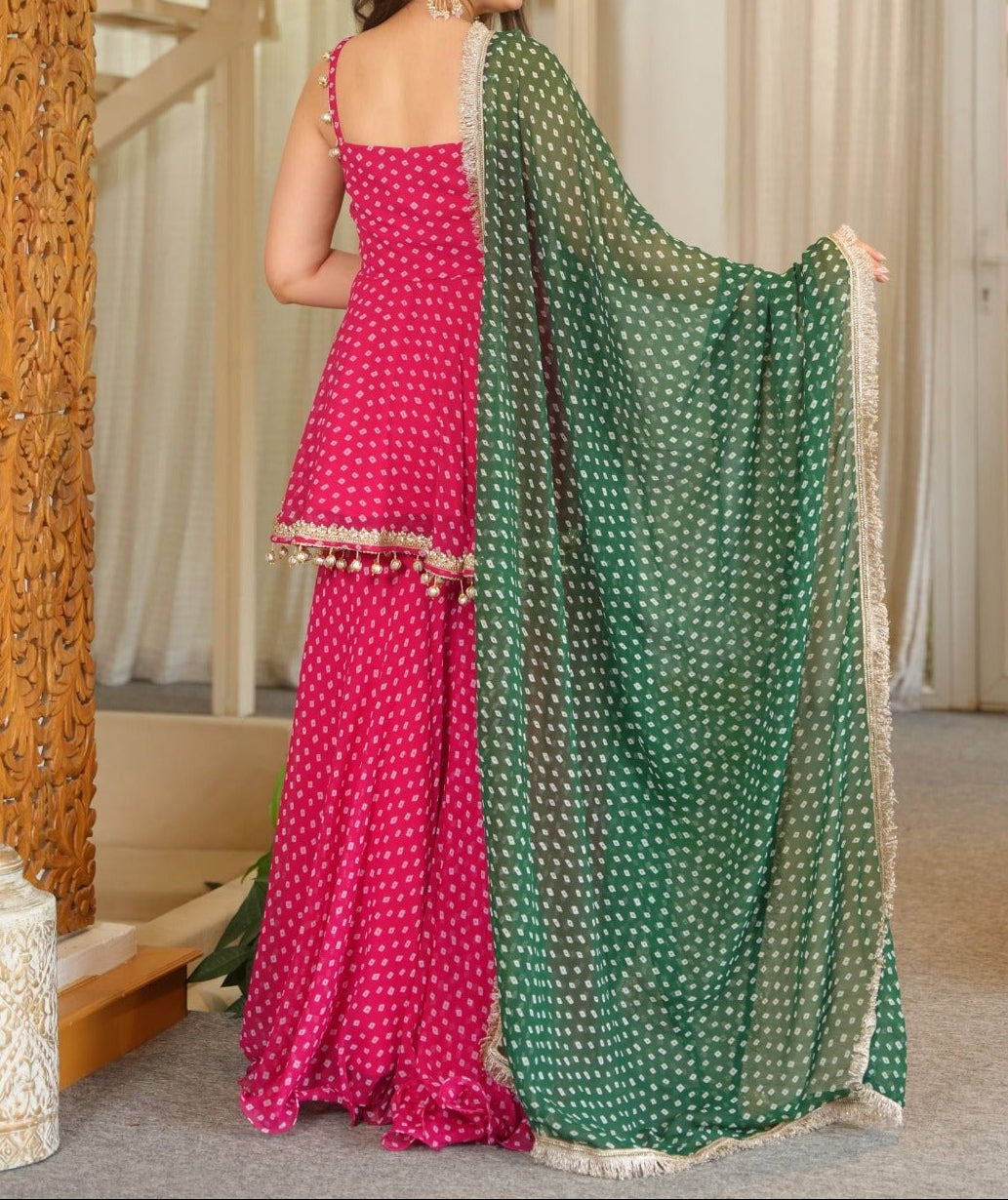 Heavy Faux Georgette Bandhej Print and Fancy Lace Work Sharara Set