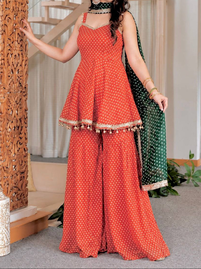 Heavy Faux Georgette Bandhej Print and Fancy Lace Work Sharara Set