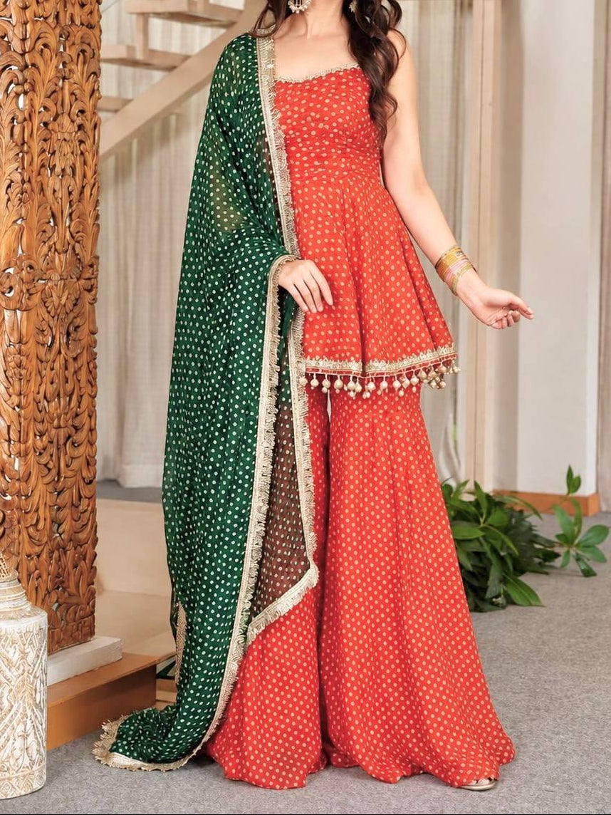 Heavy Faux Georgette Bandhej Print and Fancy Lace Work Sharara Set