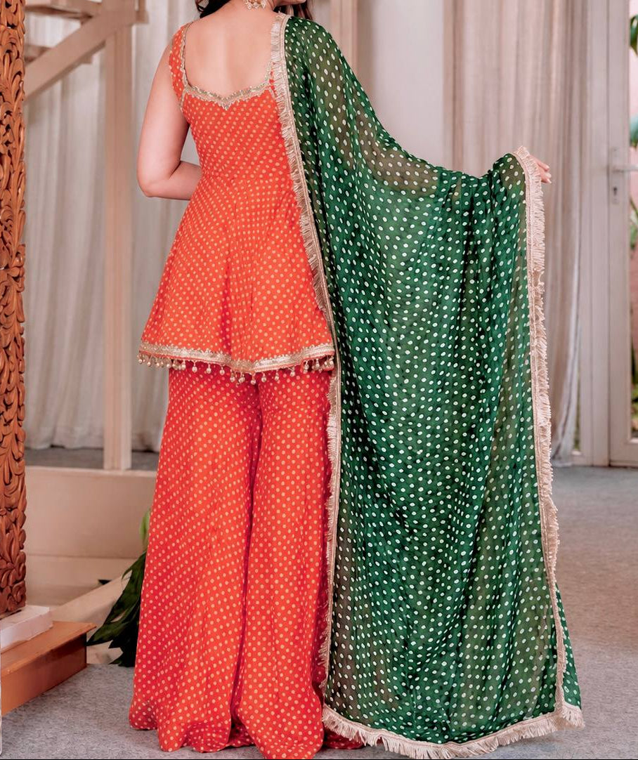 Heavy Faux Georgette Bandhej Print and Fancy Lace Work Sharara Set