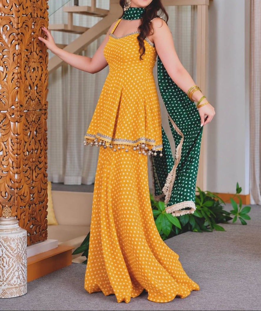 Heavy Faux Georgette Bandhej Print and Fancy Lace Work Sharara Set