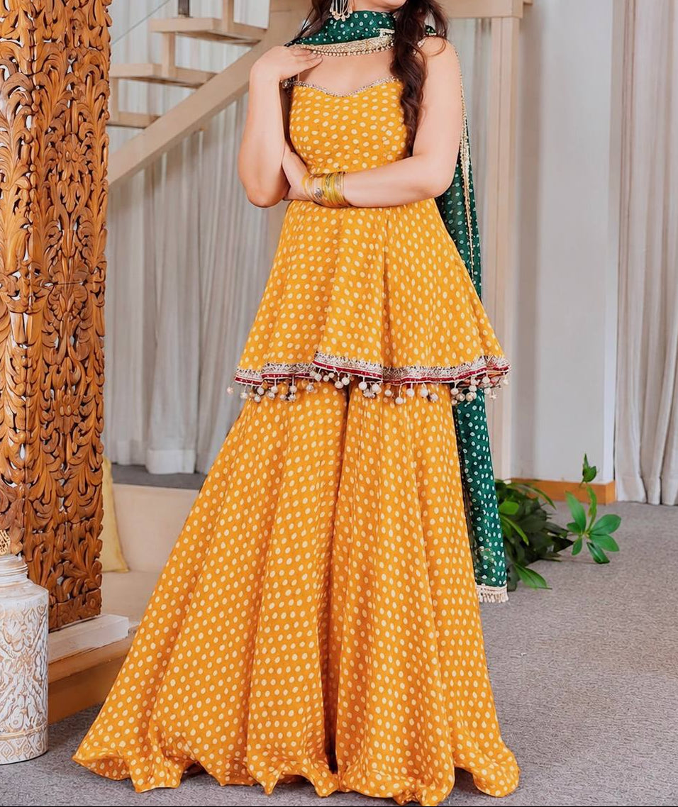 Heavy Faux Georgette Bandhej Print and Fancy Lace Work Sharara Set