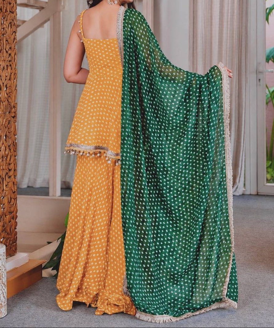 Heavy Faux Georgette Bandhej Print and Fancy Lace Work Sharara Set