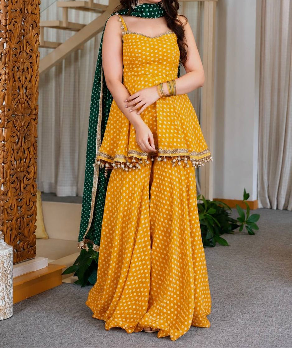 Heavy Faux Georgette Bandhej Print and Fancy Lace Work Sharara Set