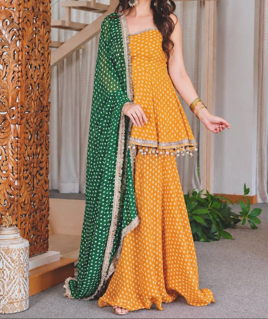 Heavy Faux Georgette Bandhej Print and Fancy Lace Work Sharara Set