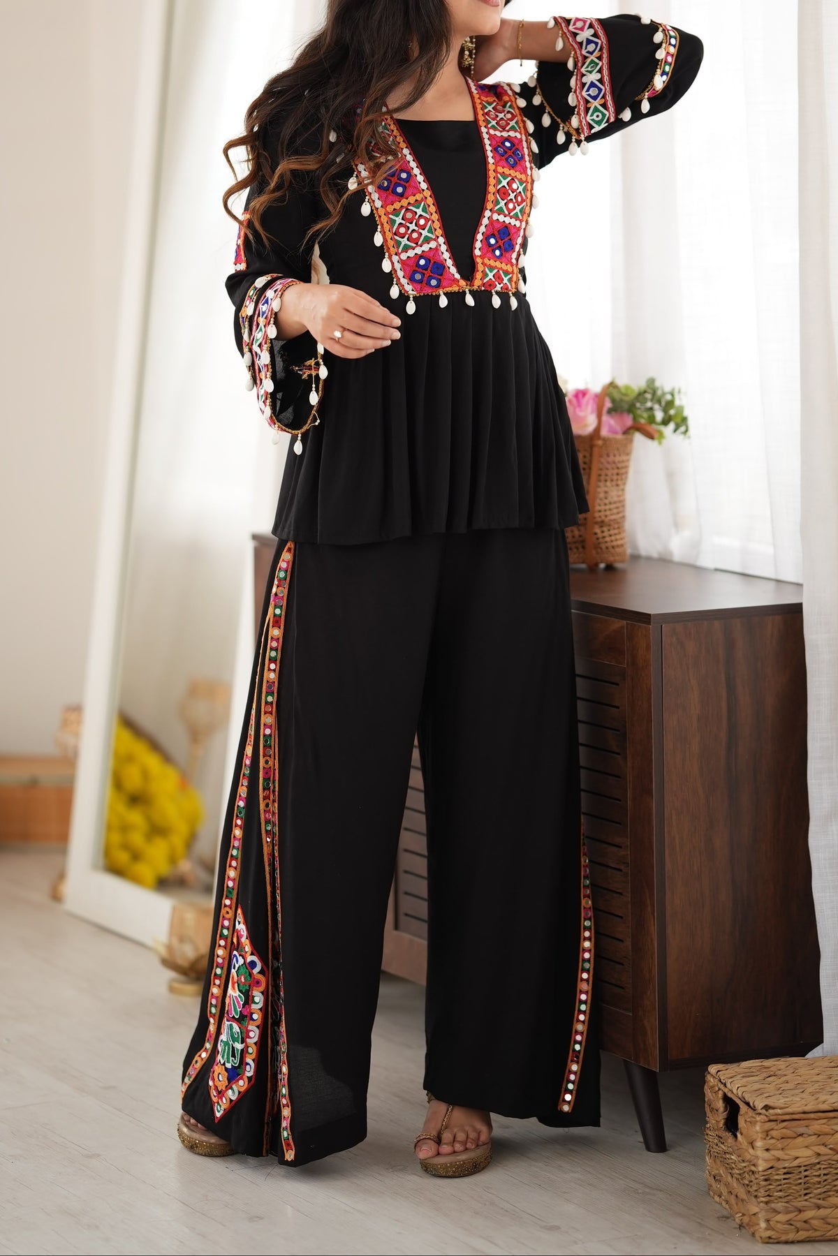 Reyon Silk Embroidery Thread With Real Mirror Detailing & Kodi work Palazzo Set