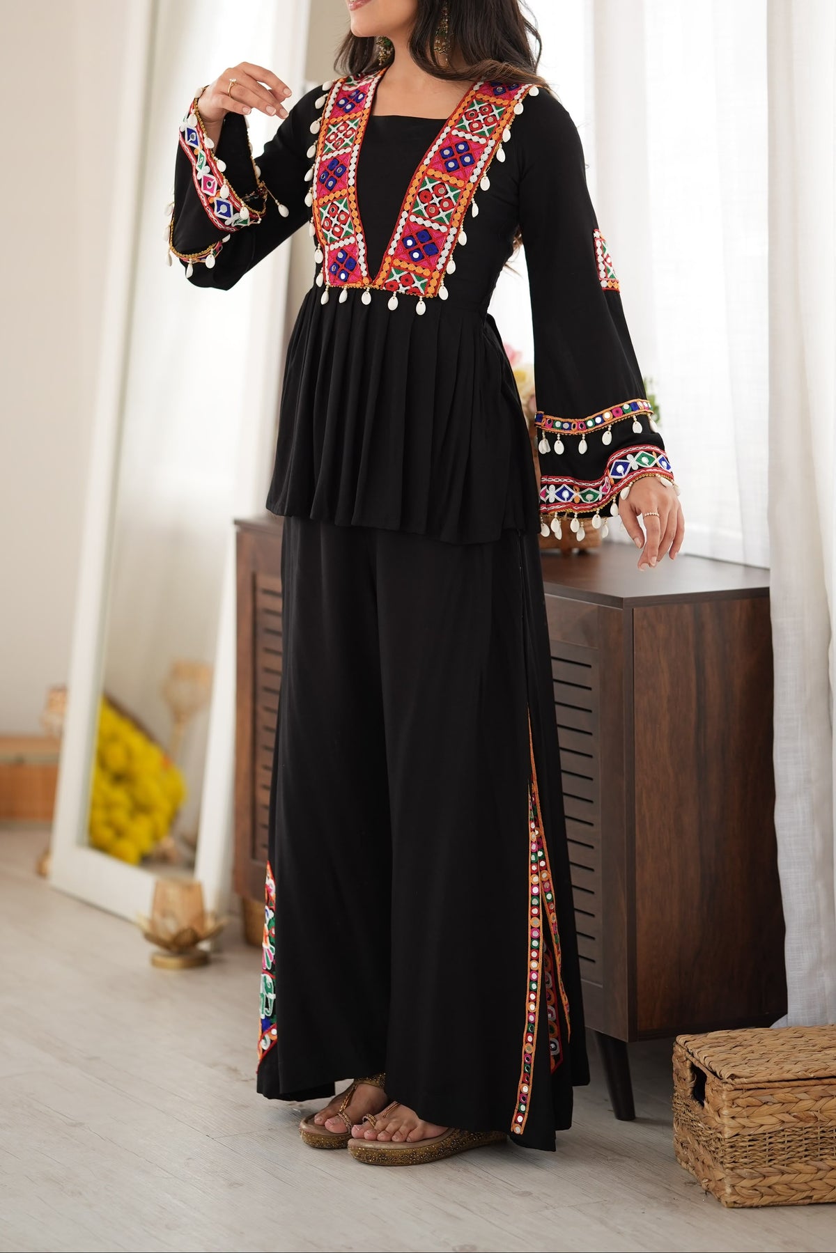 Reyon Silk Embroidery Thread With Real Mirror Detailing & Kodi work Palazzo Set