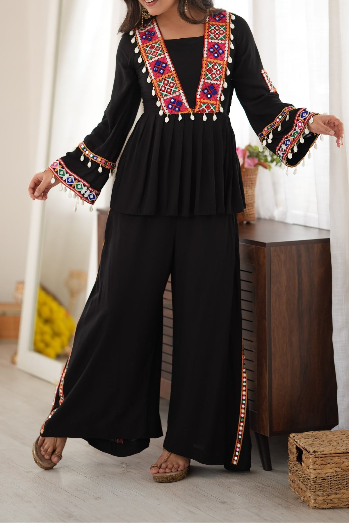 Reyon Silk Embroidery Thread With Real Mirror Detailing & Kodi work Palazzo Set