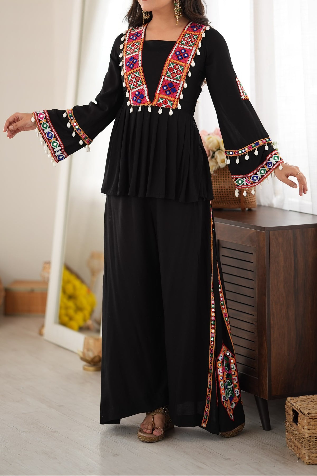 Reyon Silk Embroidery Thread With Real Mirror Detailing & Kodi work Palazzo Set