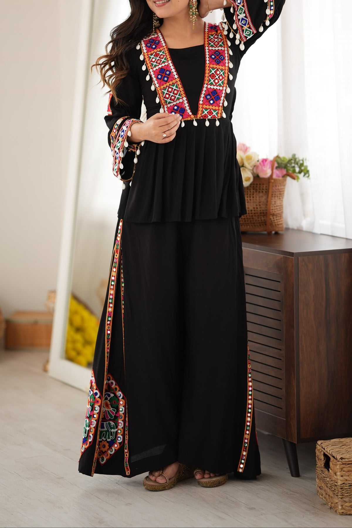 Reyon Silk Embroidery Thread With Real Mirror Detailing & Kodi work Palazzo Set