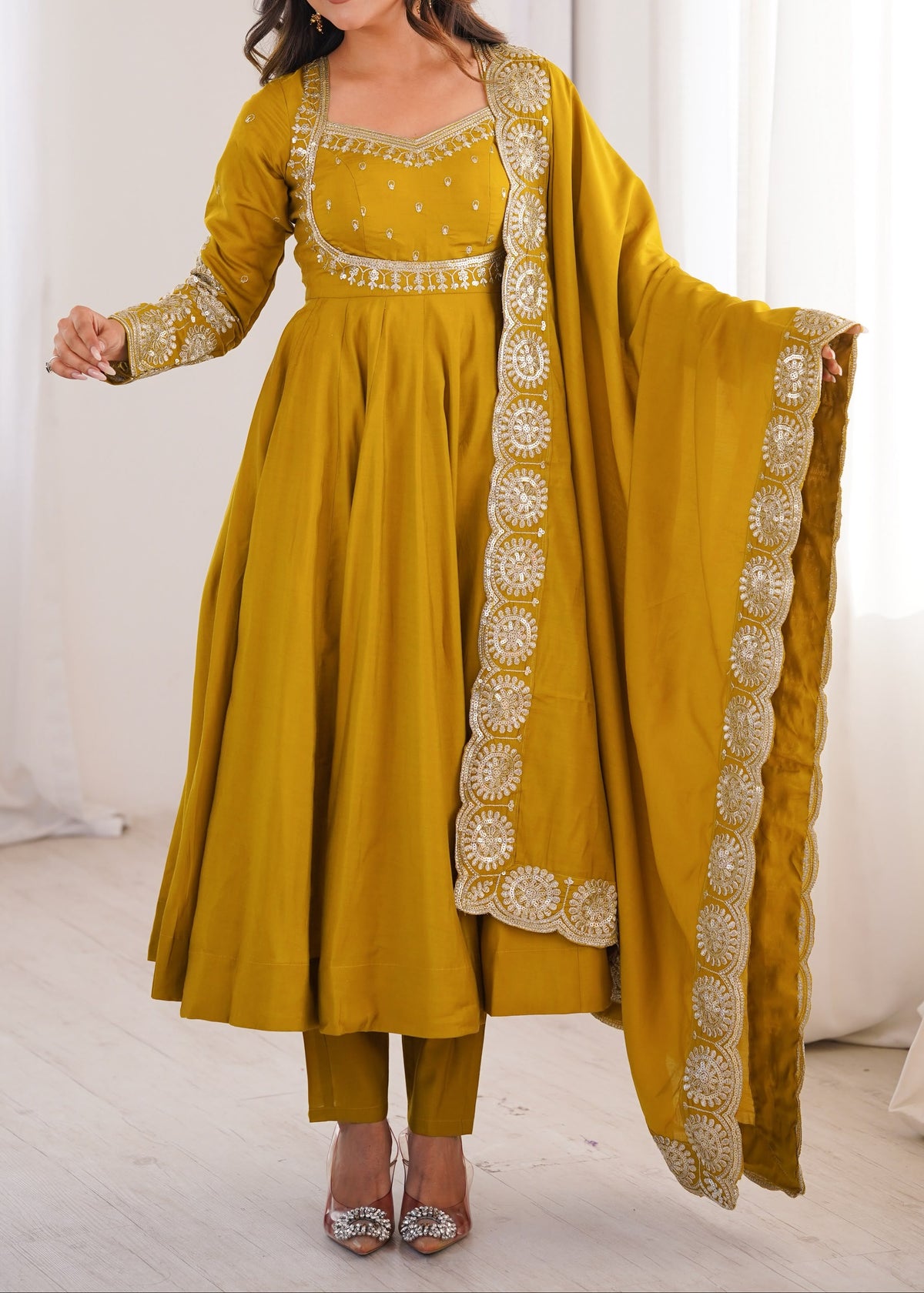 Elegant embroidered sequence designer anarkali three piece set
