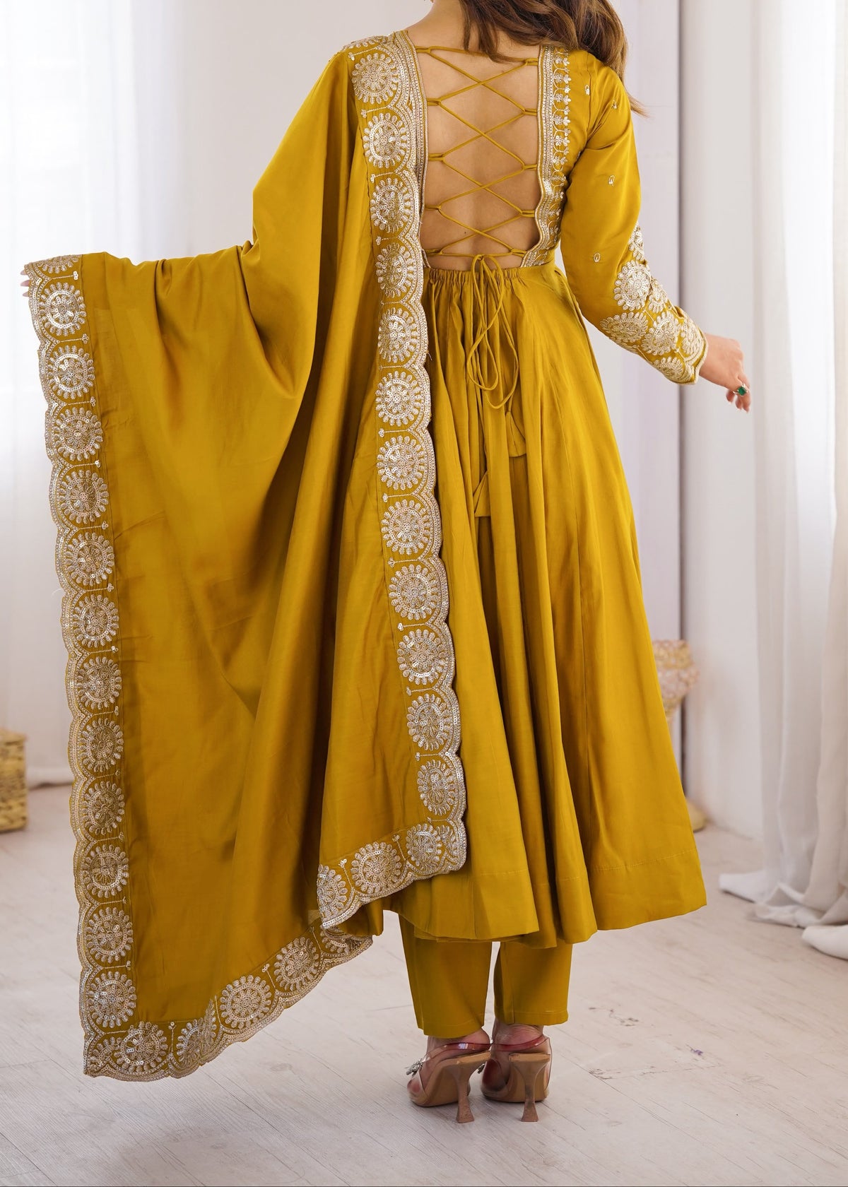 Elegant embroidered sequence designer anarkali three piece set