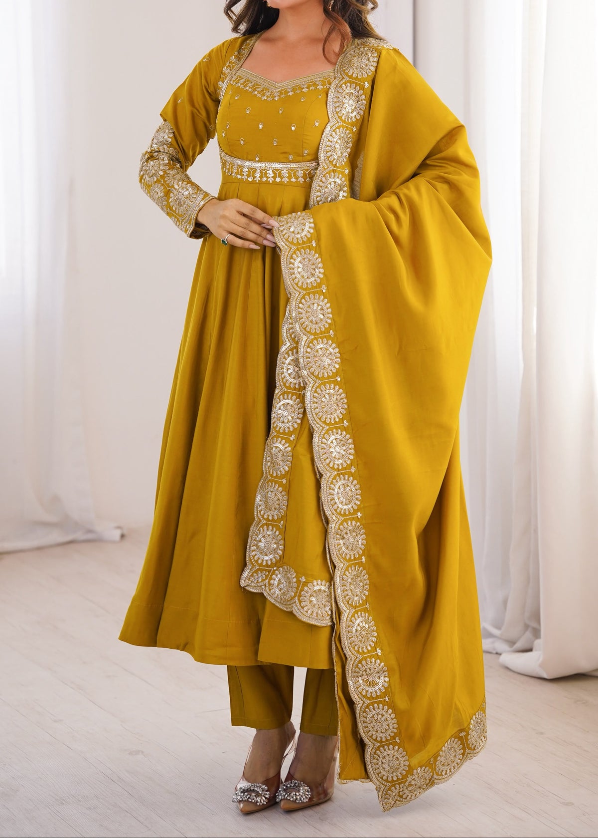 Elegant embroidered sequence designer anarkali three piece set