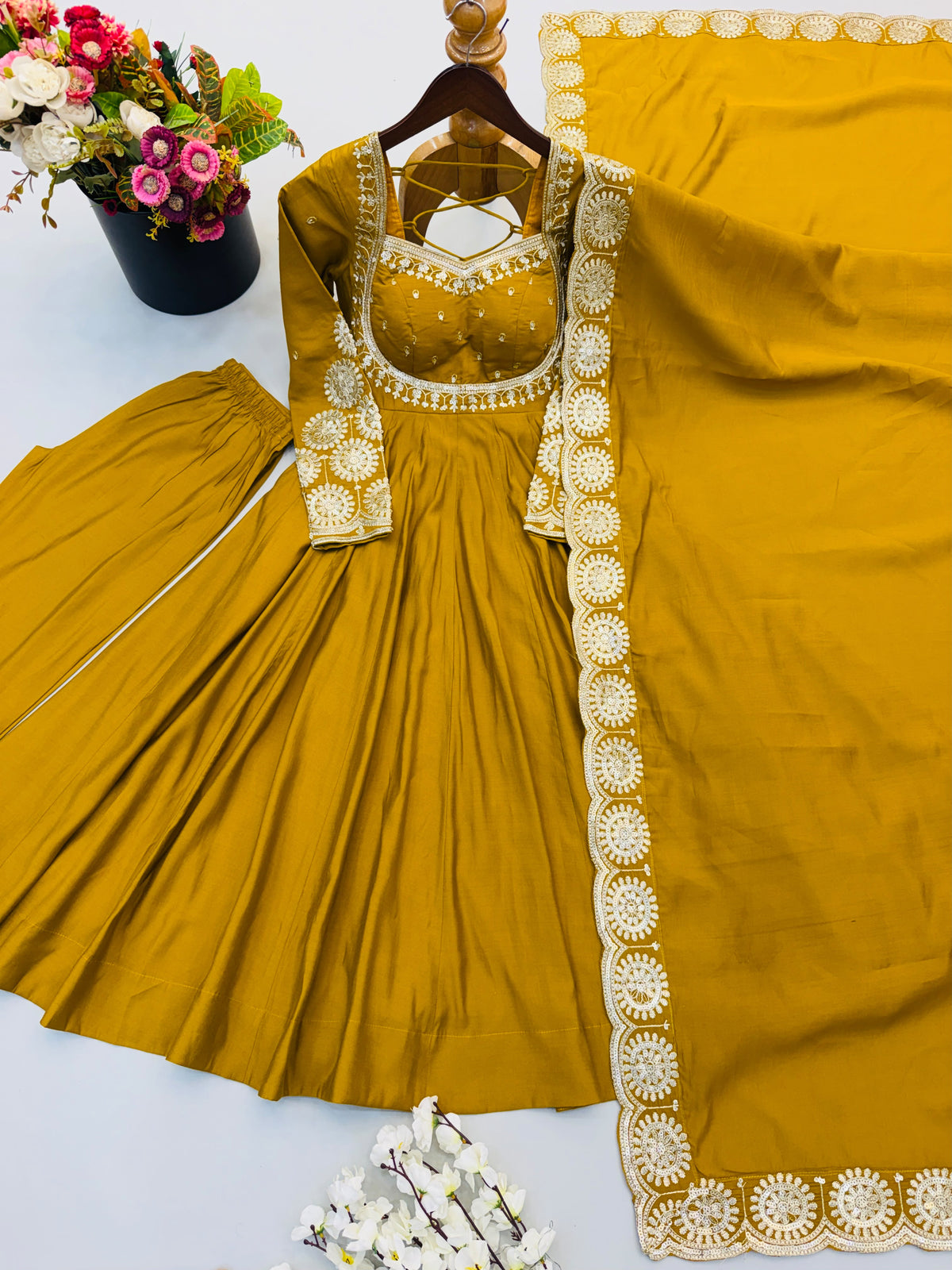 Elegant embroidered sequence designer anarkali three piece set