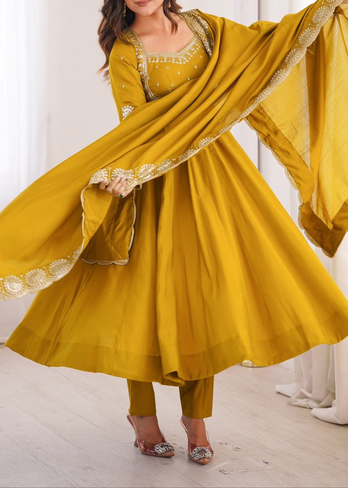 Elegant embroidered sequence designer anarkali three piece set