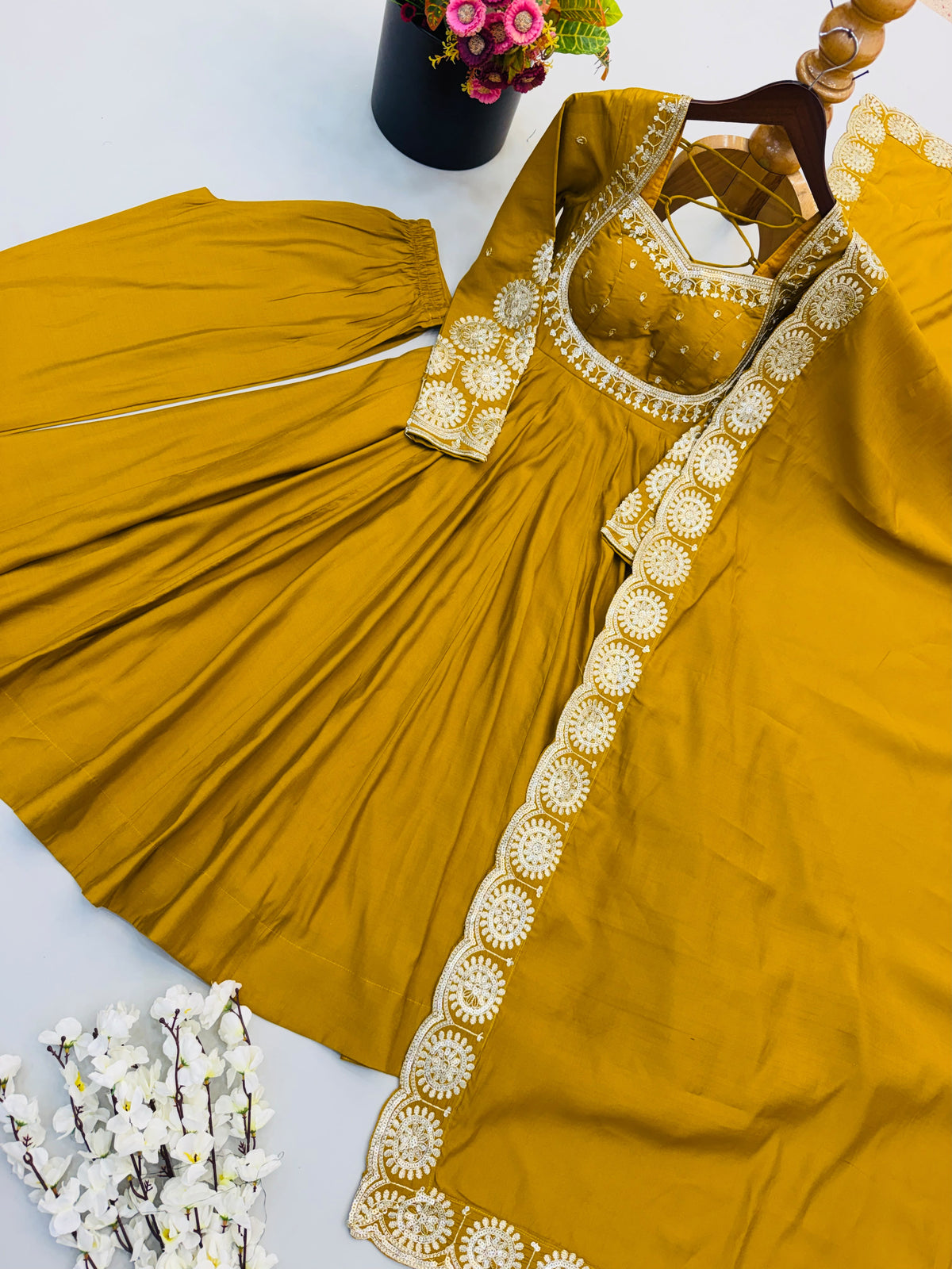 Elegant embroidered sequence designer anarkali three piece set