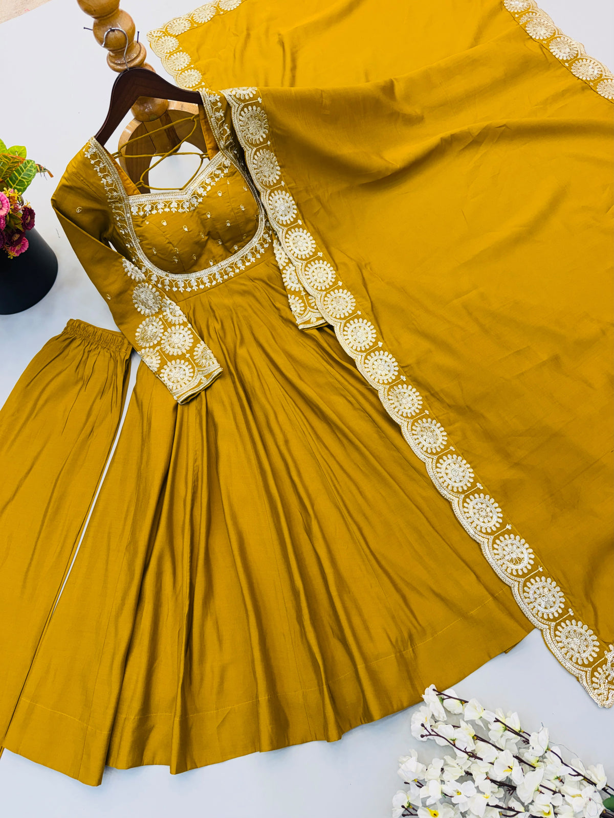 Elegant embroidered sequence designer anarkali three piece set