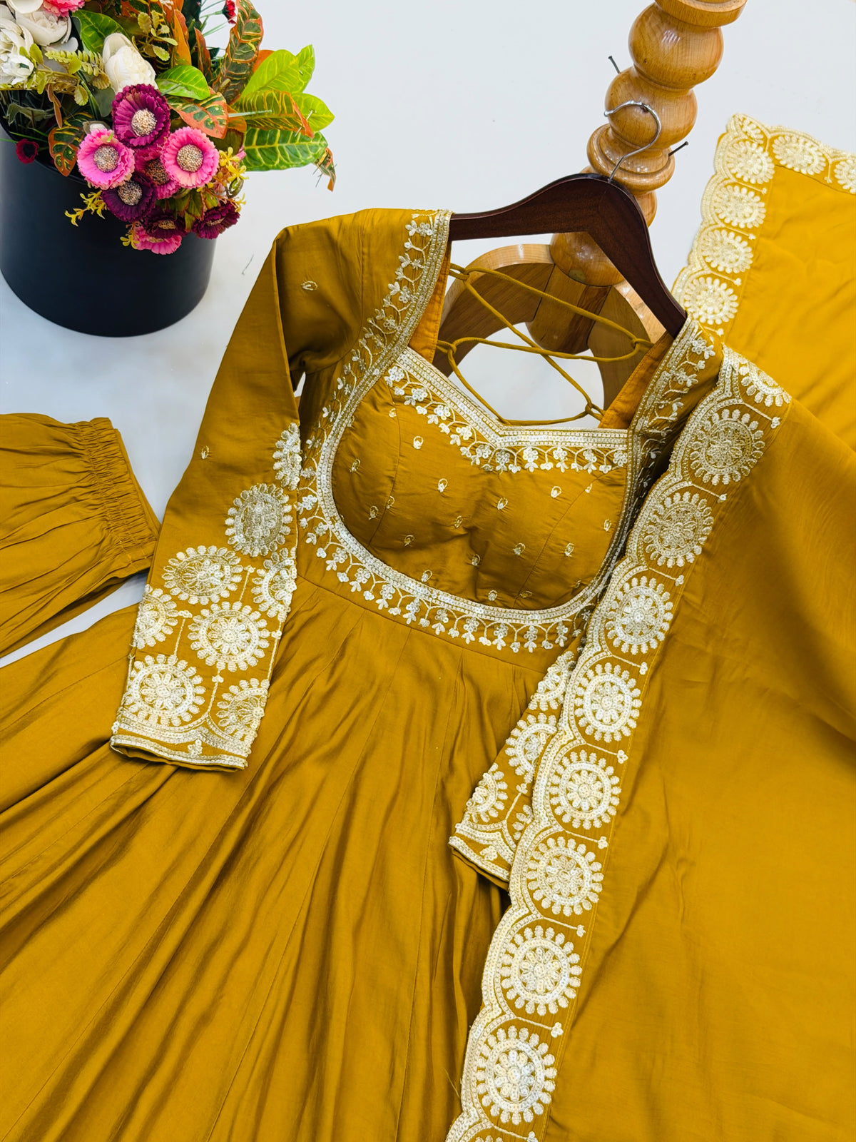 Elegant embroidered sequence designer anarkali three piece set