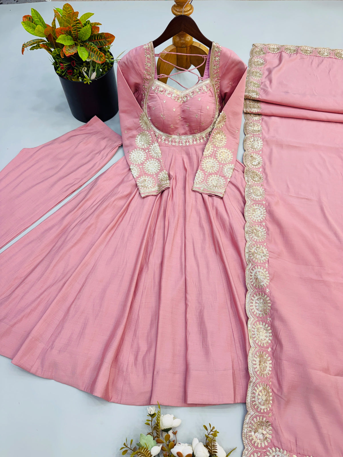 Elegant embroidered sequence designer anarkali three piece set