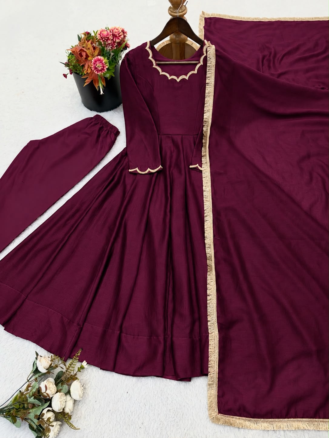 Minimal Ethnic Wear Vichitra Silk Beads Work Anarkali bottom And Dupatta