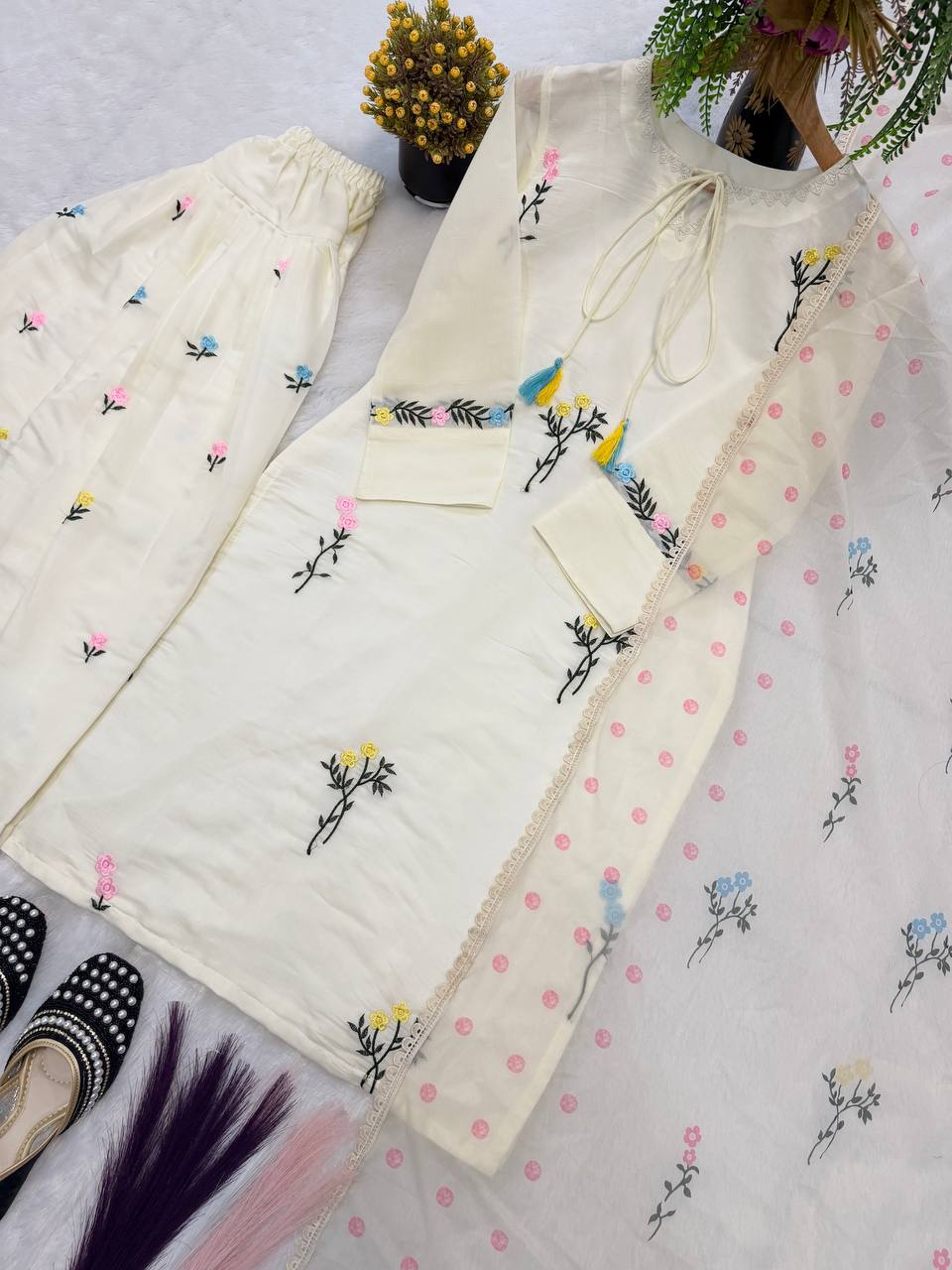 Cotton Silk Multi Needle Work Embroidery Work Farshi Salwar Set