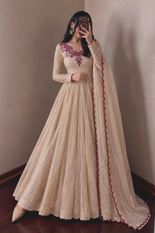 Party Wear Doremon Crush Gown with Pant and Butterfly Net Dupatta