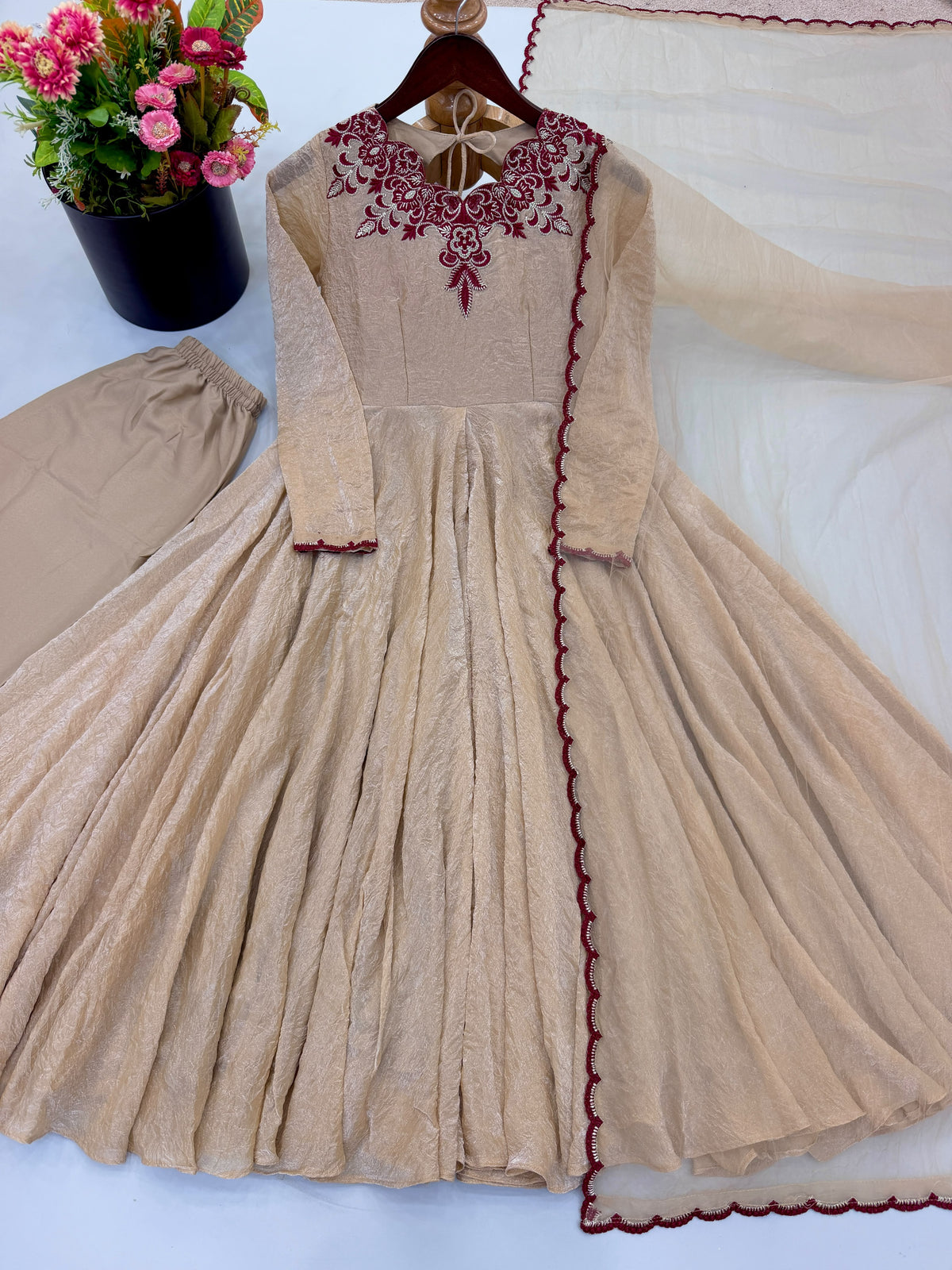 Party Wear Doremon Crush Gown with Pant and Butterfly Net Dupatta