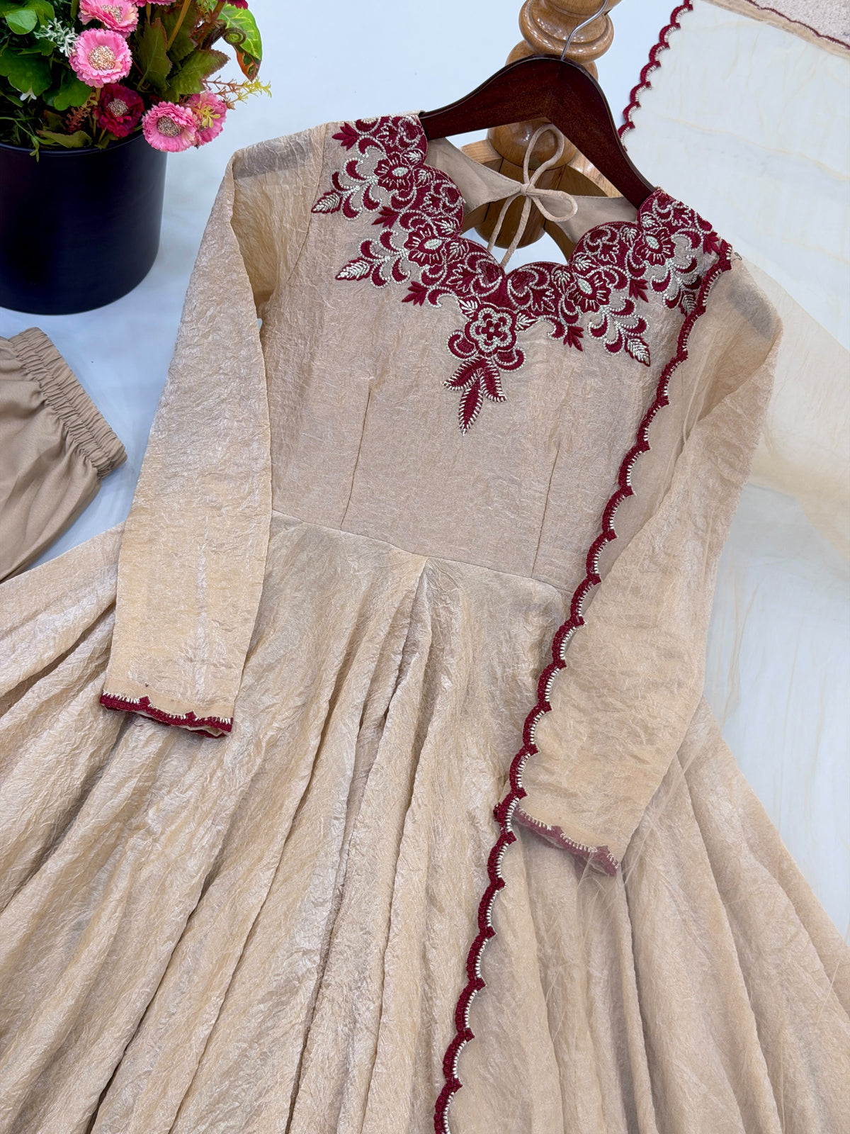 Party Wear Doremon Crush Gown with Pant and Butterfly Net Dupatta