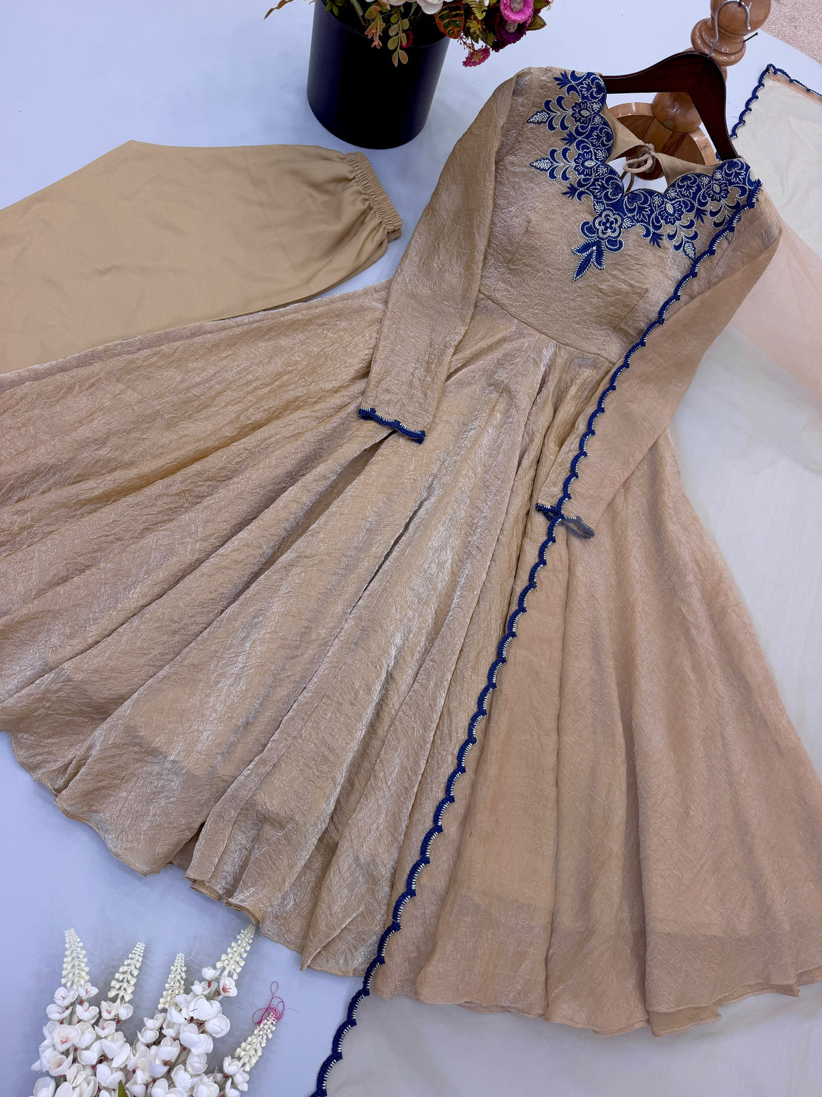 Party Wear Doremon Crush Gown with Pant and Butterfly Net Dupatta