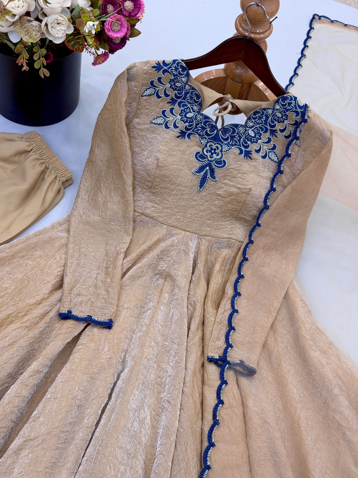 Party Wear Doremon Crush Gown with Pant and Butterfly Net Dupatta