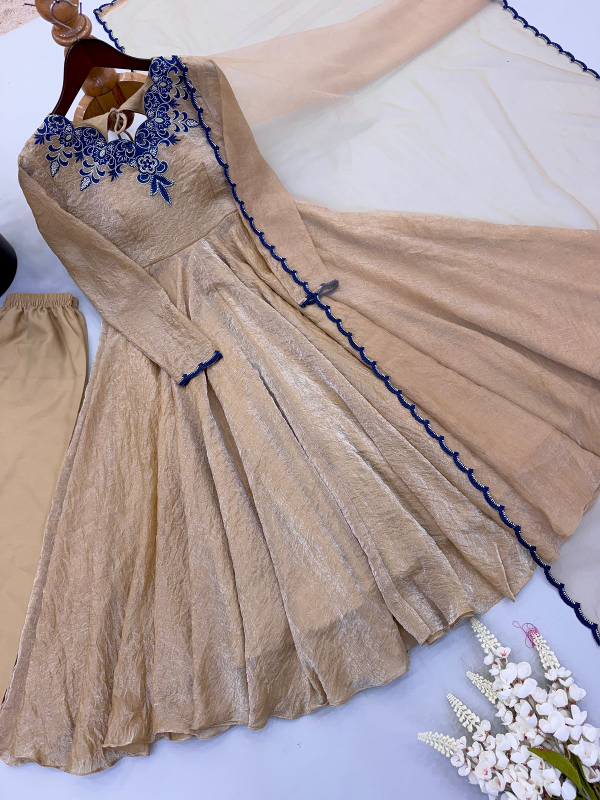 Party Wear Doremon Crush Gown with Pant and Butterfly Net Dupatta