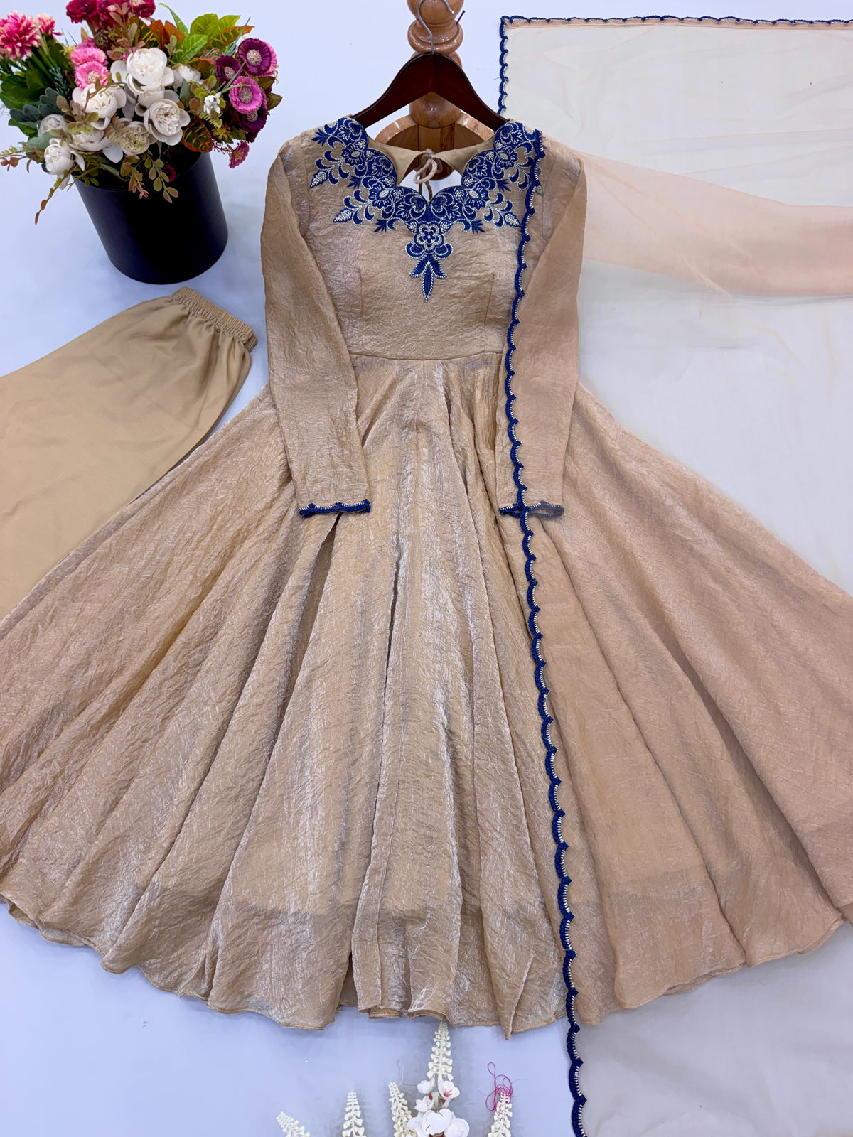 Party Wear Doremon Crush Gown with Pant and Butterfly Net Dupatta