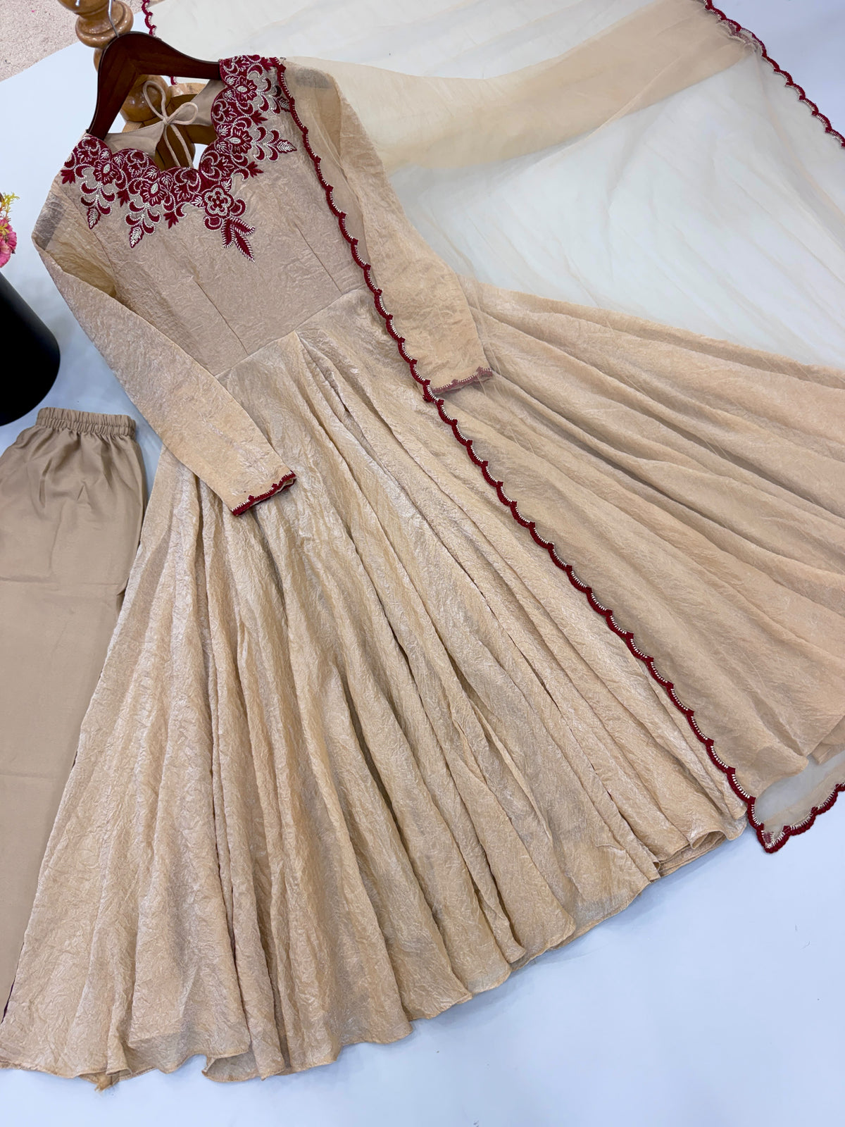 Party Wear Doremon Crush Gown with Pant and Butterfly Net Dupatta