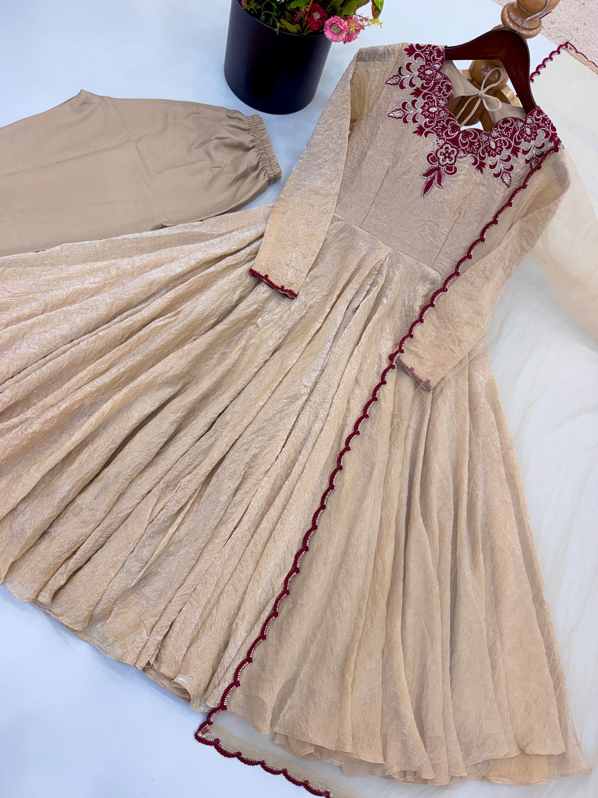 Party Wear Doremon Crush Gown with Pant and Butterfly Net Dupatta