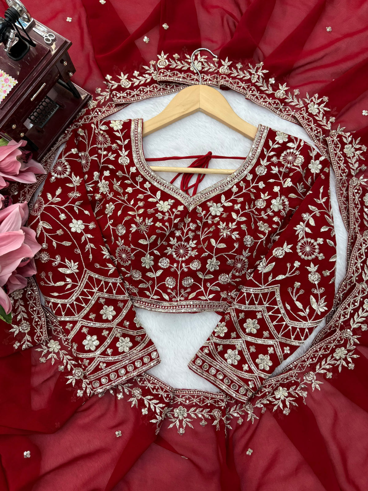 Bridal Red Faux Georgette Saree with Embroidered Blouse and Dupatta
