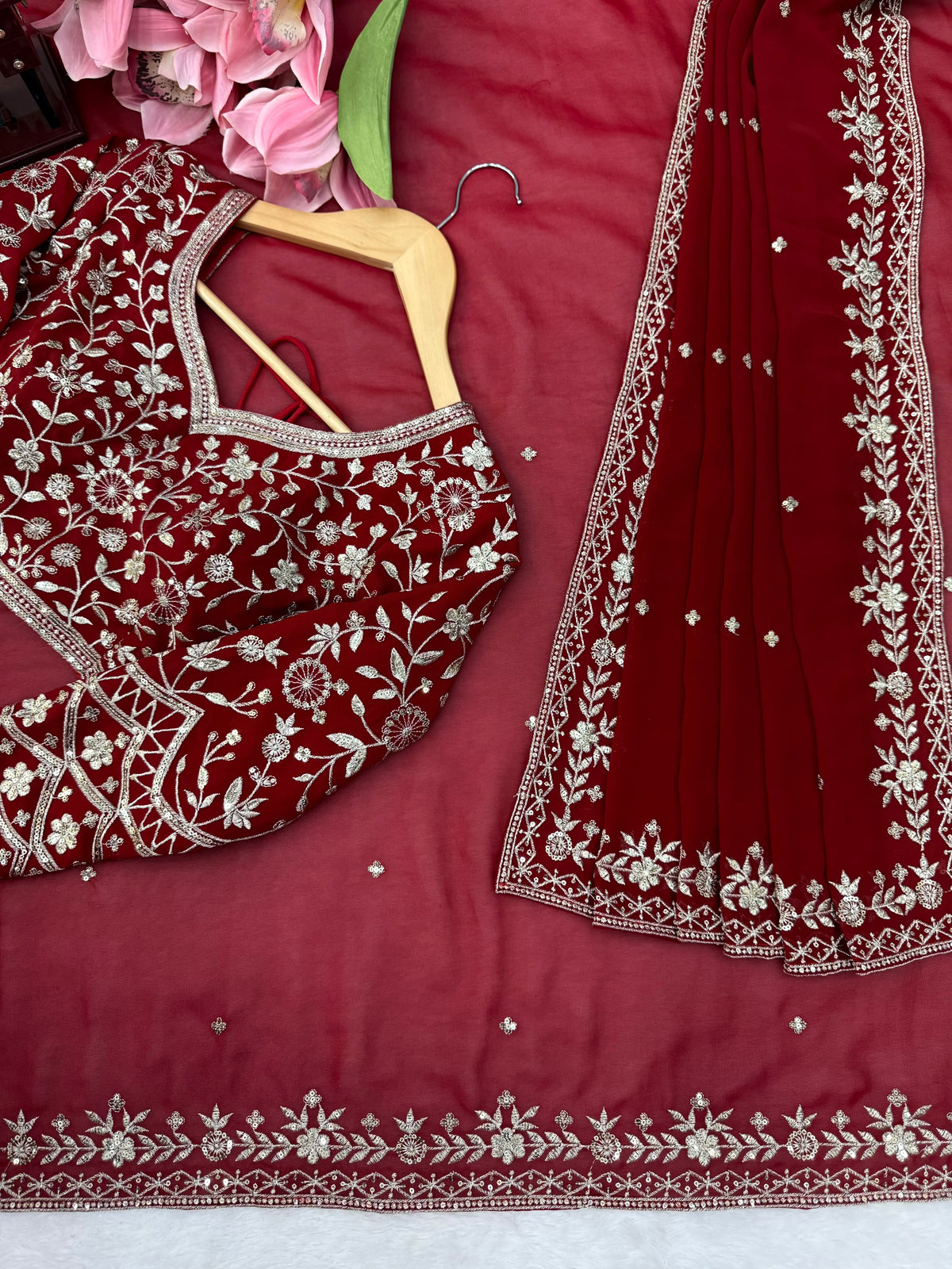 Bridal Red Faux Georgette Saree with Embroidered Blouse and Dupatta