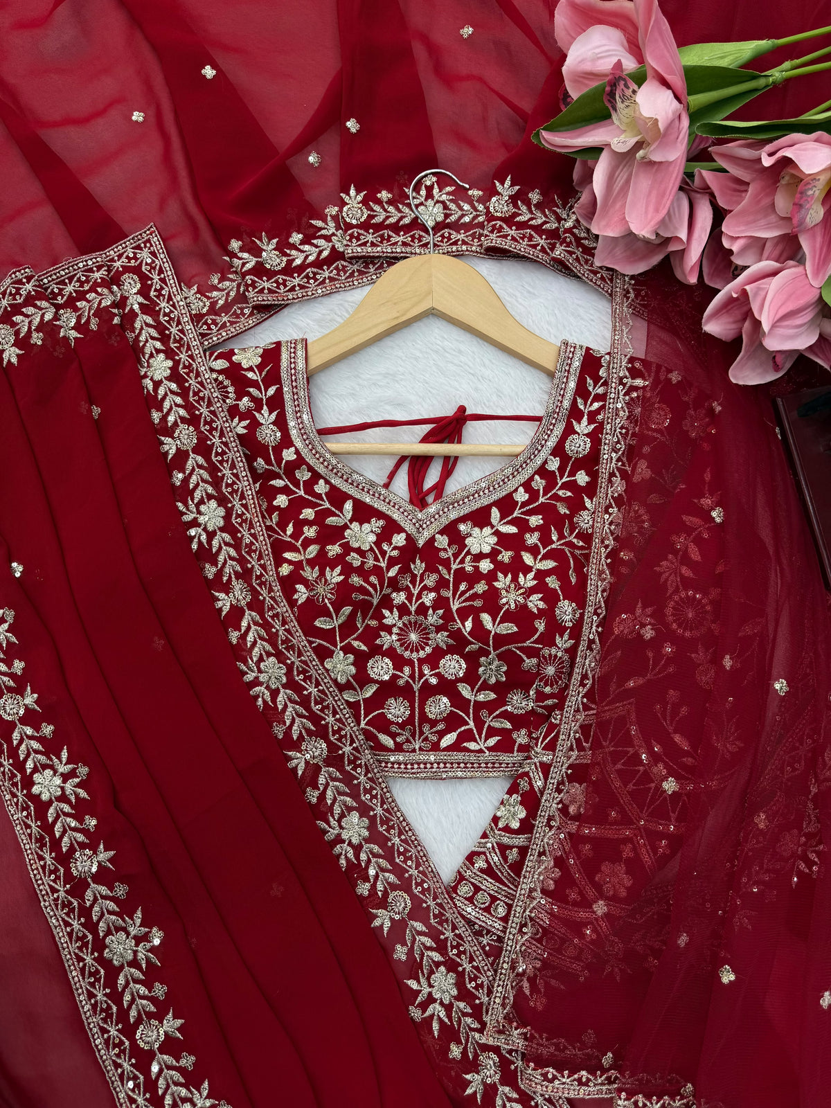 Bridal Red Faux Georgette Saree with Embroidered Blouse and Dupatta