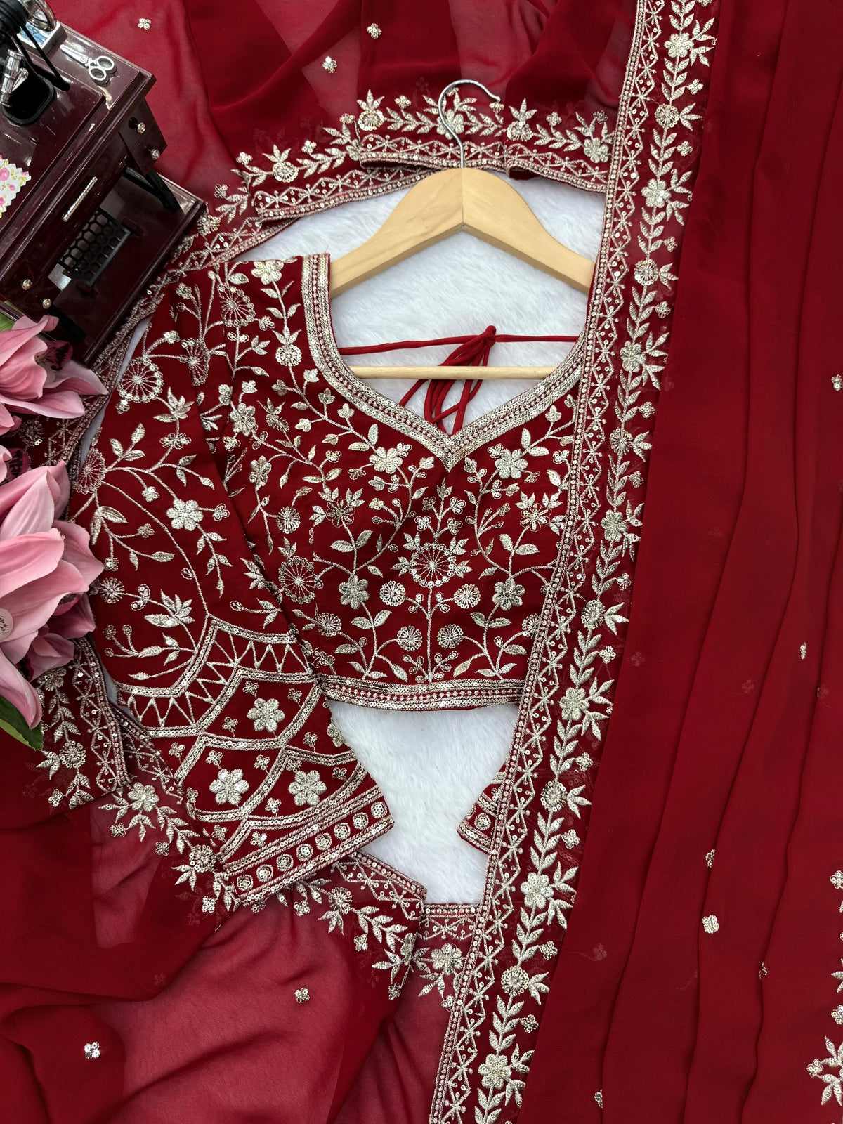 Bridal Red Faux Georgette Saree with Embroidered Blouse and Dupatta