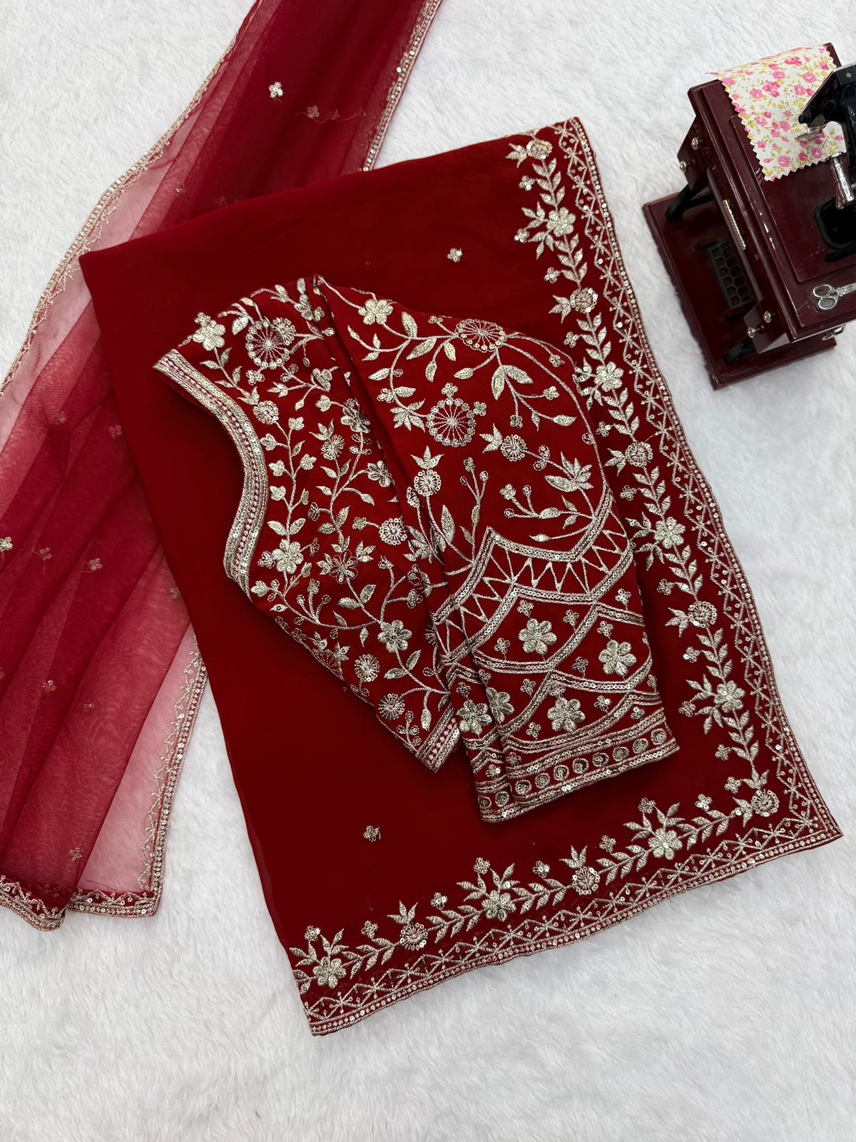 Bridal Red Faux Georgette Saree with Embroidered Blouse and Dupatta