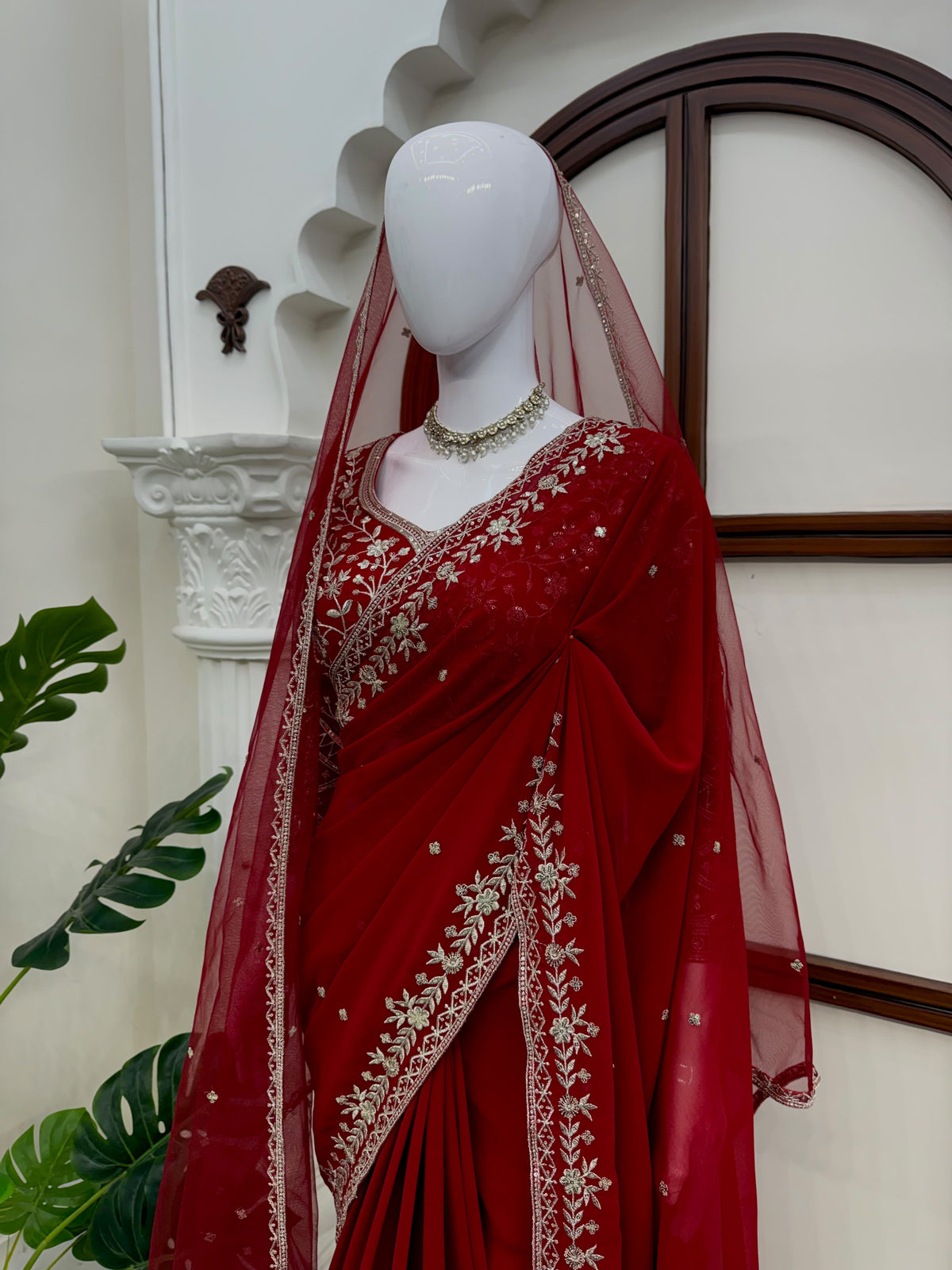Bridal Red Faux Georgette Saree with Embroidered Blouse and Dupatta