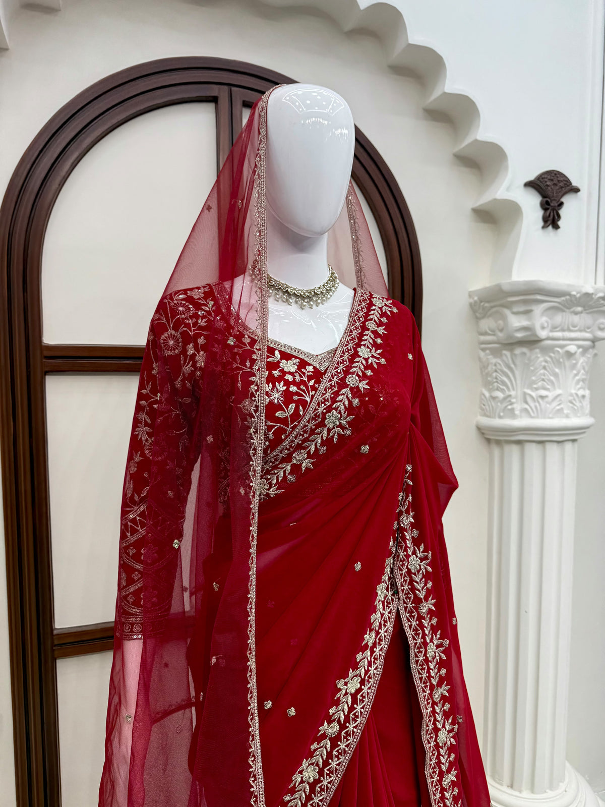 Bridal Red Faux Georgette Saree with Embroidered Blouse and Dupatta