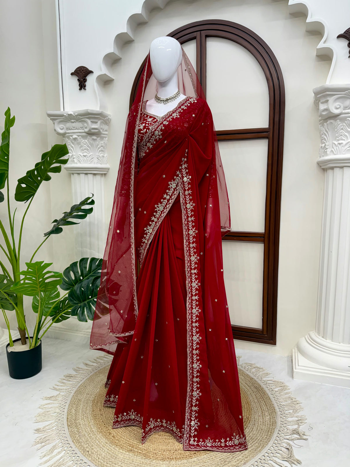 Bridal Red Faux Georgette Saree with Embroidered Blouse and Dupatta