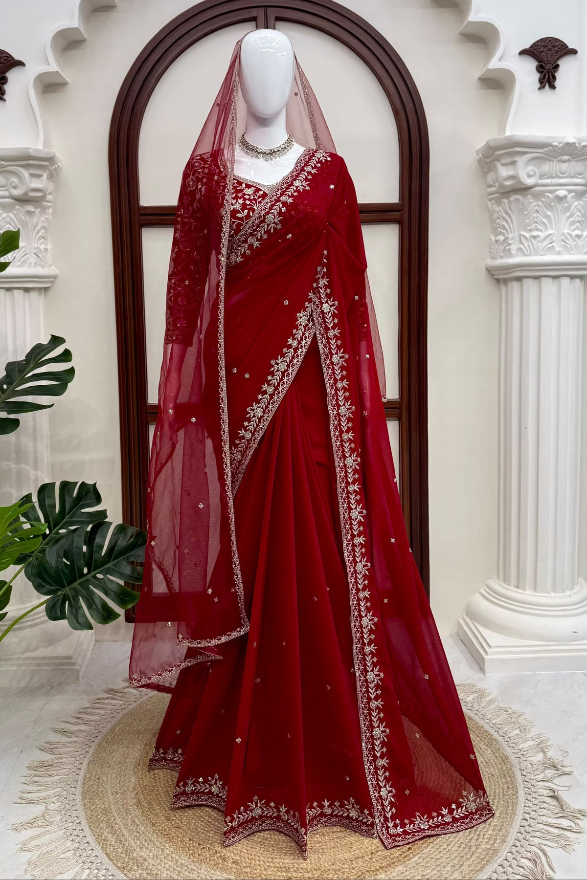 Bridal Red Faux Georgette Saree with Embroidered Blouse and Dupatta