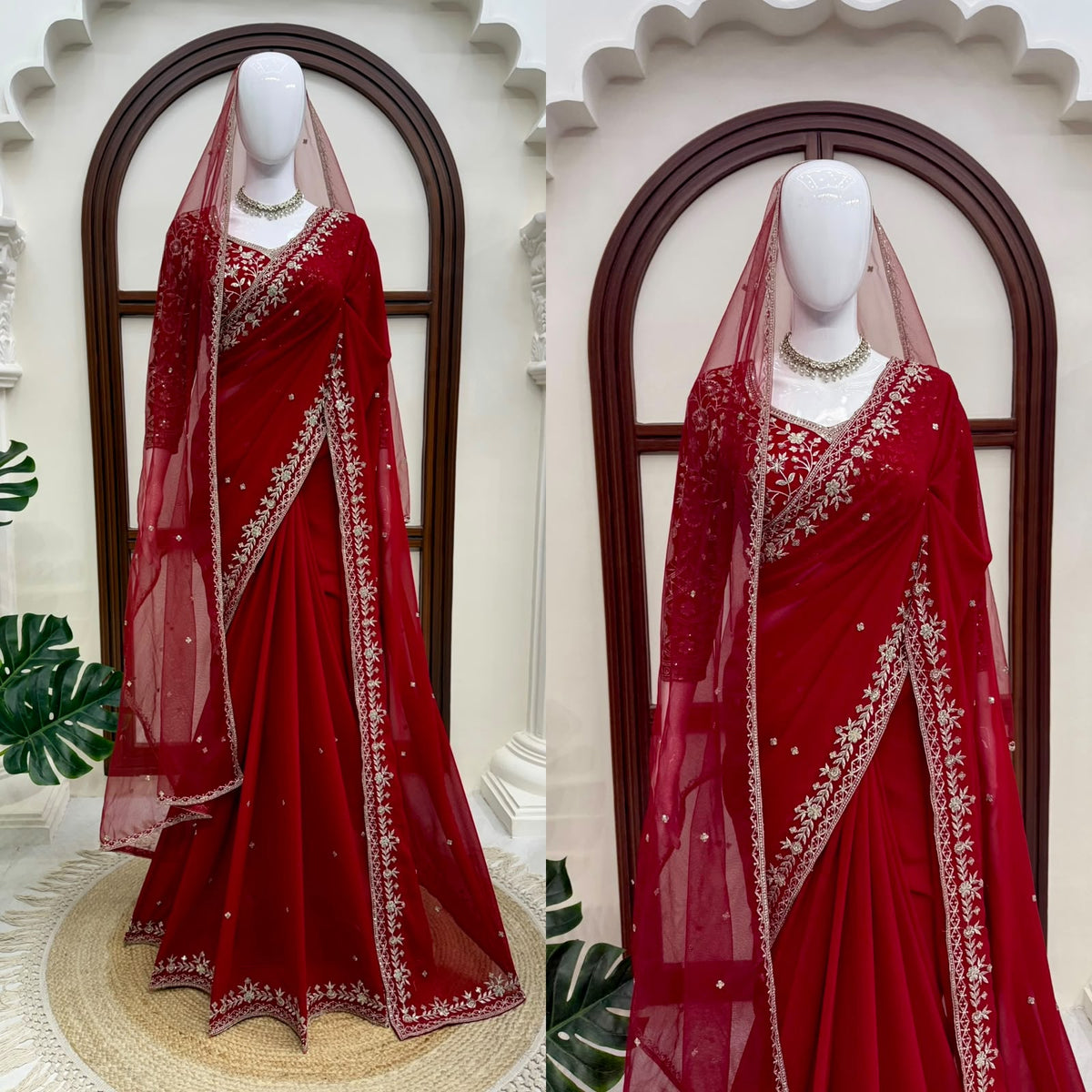 Bridal Red Faux Georgette Saree with Embroidered Blouse and Dupatta