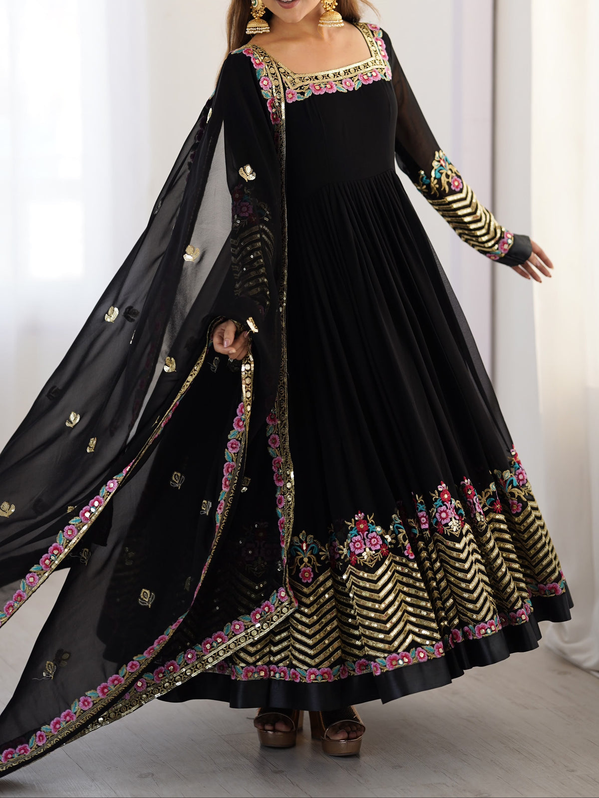 Heavy Georgette Wedding Wear Embroidery Work Long Anarkali Set
