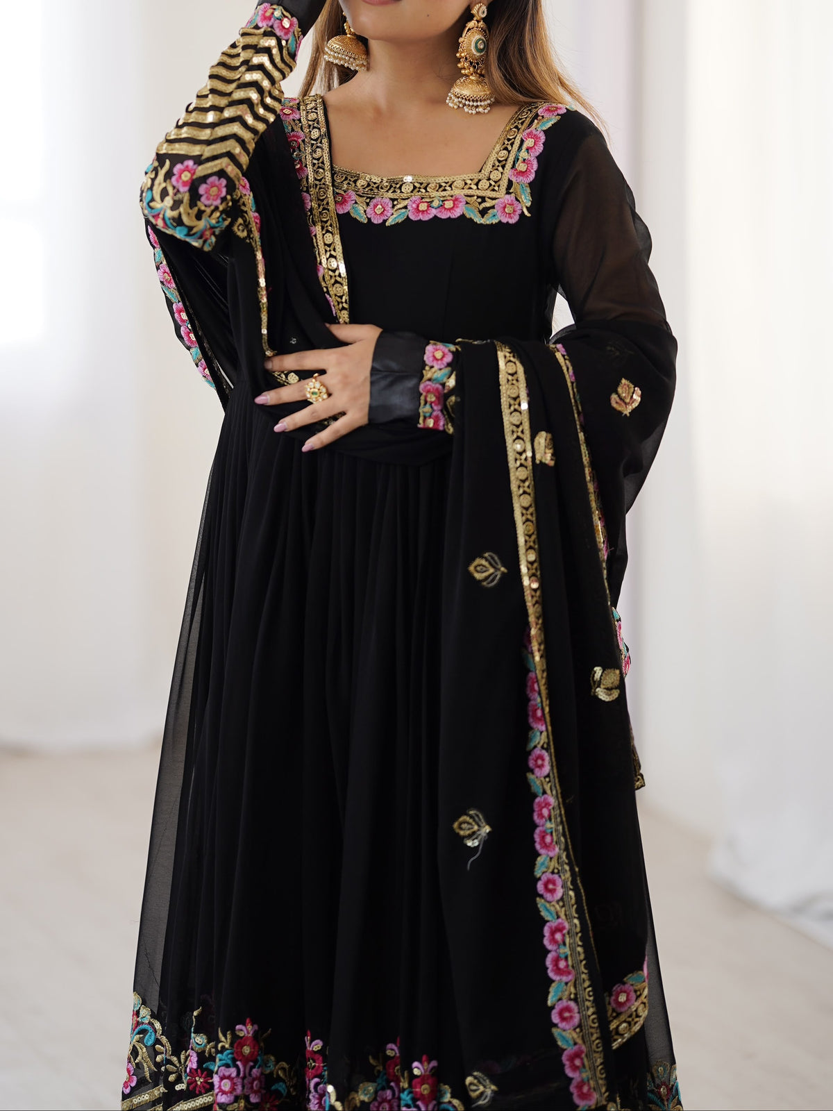 Heavy Georgette Wedding Wear Embroidery Work Long Anarkali Set