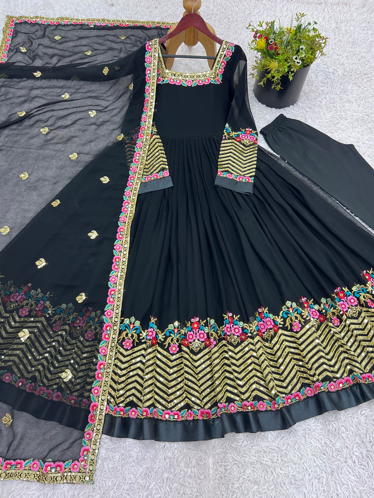 Heavy Georgette Wedding Wear Embroidery Work Long Anarkali Set